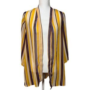 Adrienne Kimono Cardigan Small Yellow Purple Striped Open Front Sheer Excellent